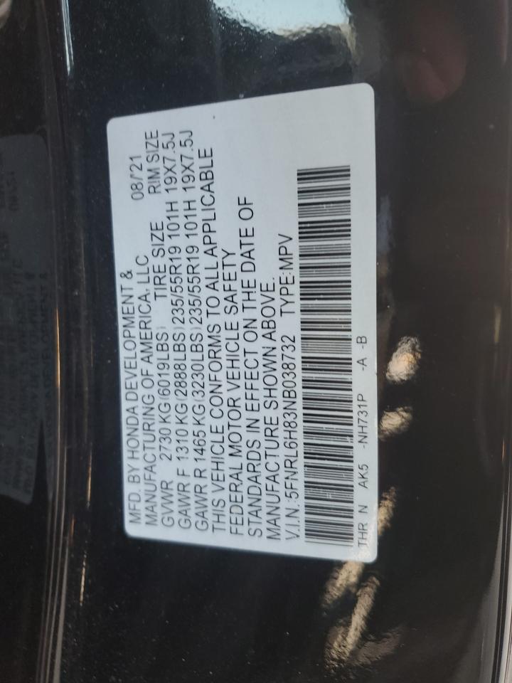 2022 HONDA ODYSSEY TOURING VIN:5FNRL6H83NB038732