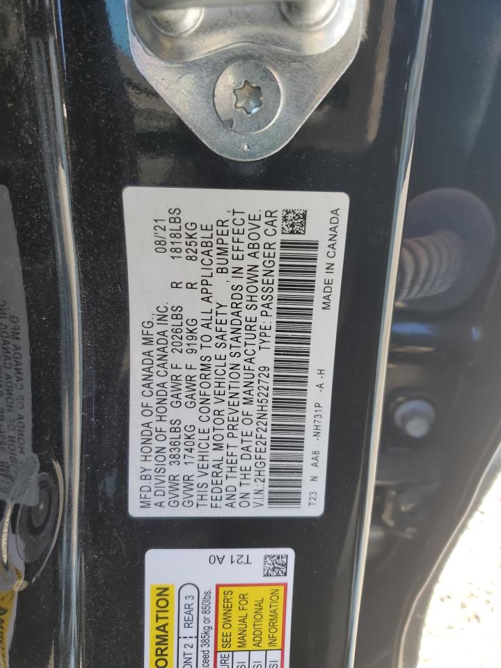 2022 HONDA CIVIC LX VIN:2HGFE2F22NH522729