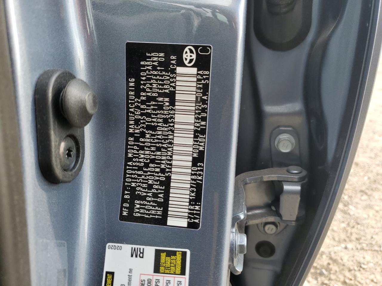 2022 TOYOTA COROLLA LE VIN:5YFEPMAE3NP345362