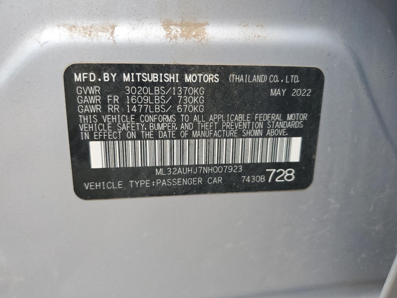 2022 MITSUBISHI MIRAGE ES VIN:ML32AUHJ7NH007923