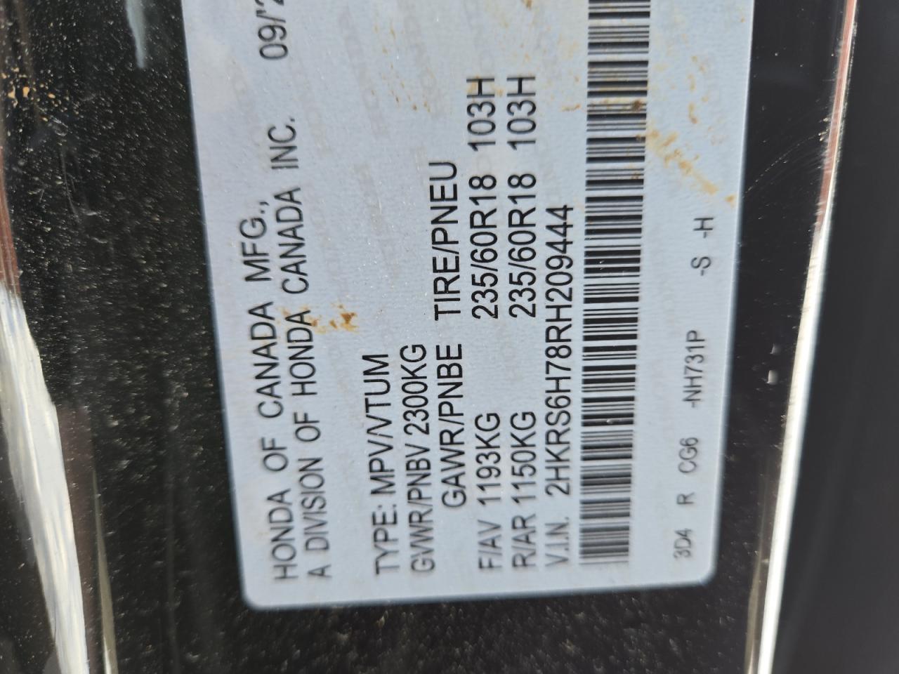 2024 HONDA CR-V EXL VIN:2HKRS6H78RH209444