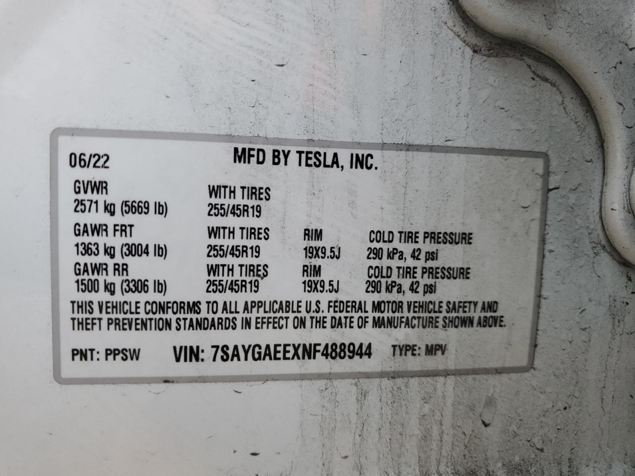2022 TESLA MODEL Y  VIN:7SAYGAEEXNF488944