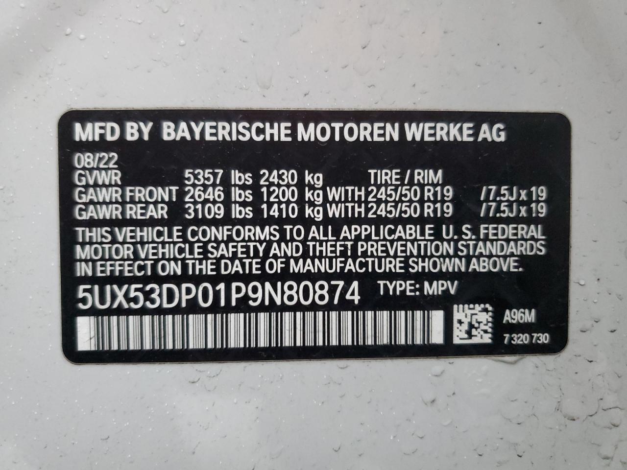 2023 BMW X3 XDRIVE30I VIN:5UX53DP01P9N80874