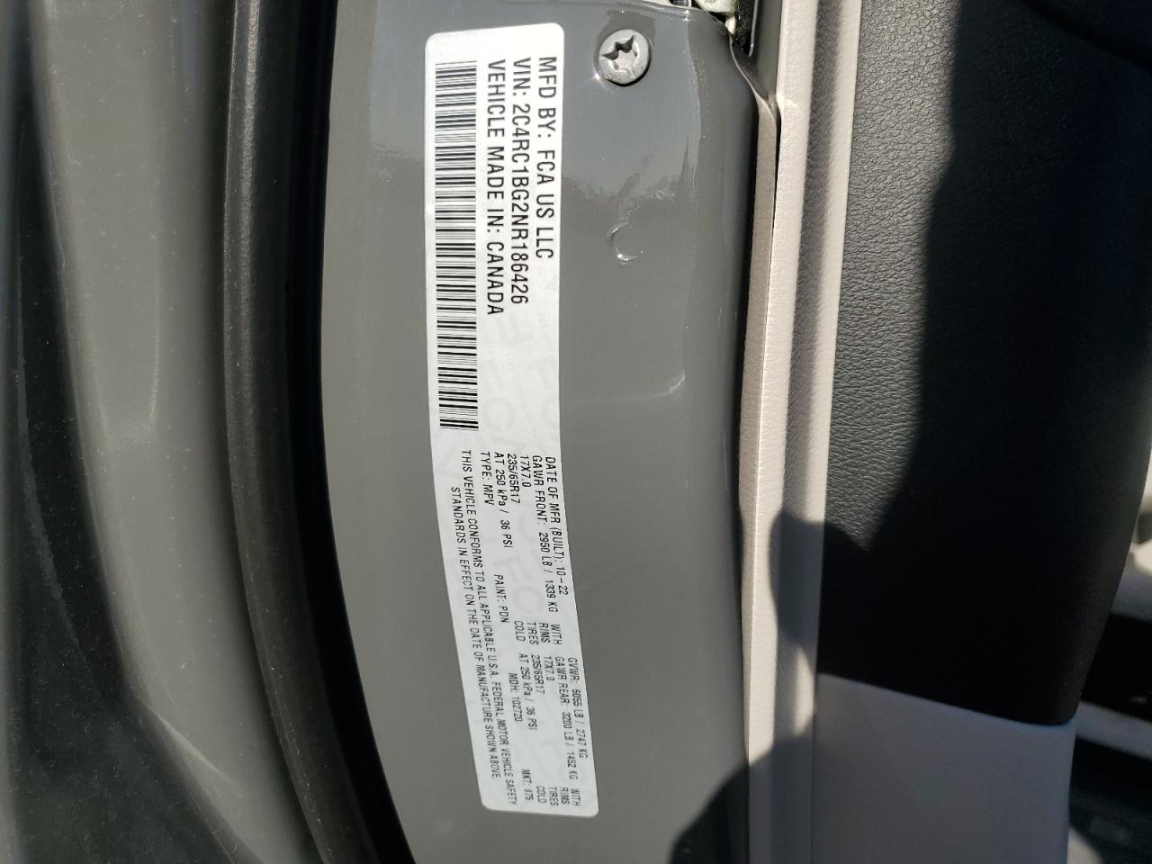 2022 CHRYSLER PACIFICA TOURING L VIN:2C4RC1BG2NR186426