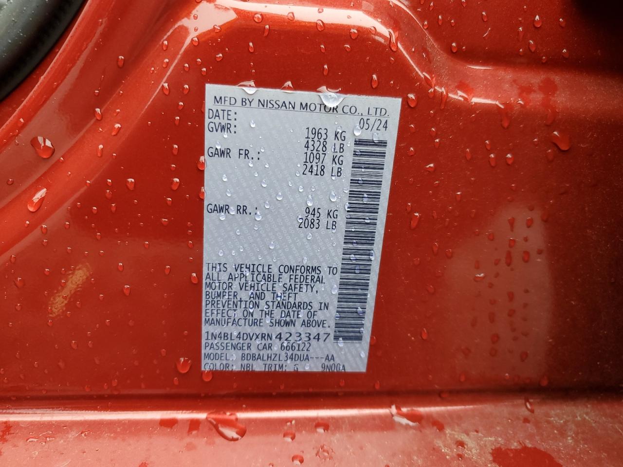 2024 NISSAN ALTIMA SV VIN:1N4BL4DVXRN423347