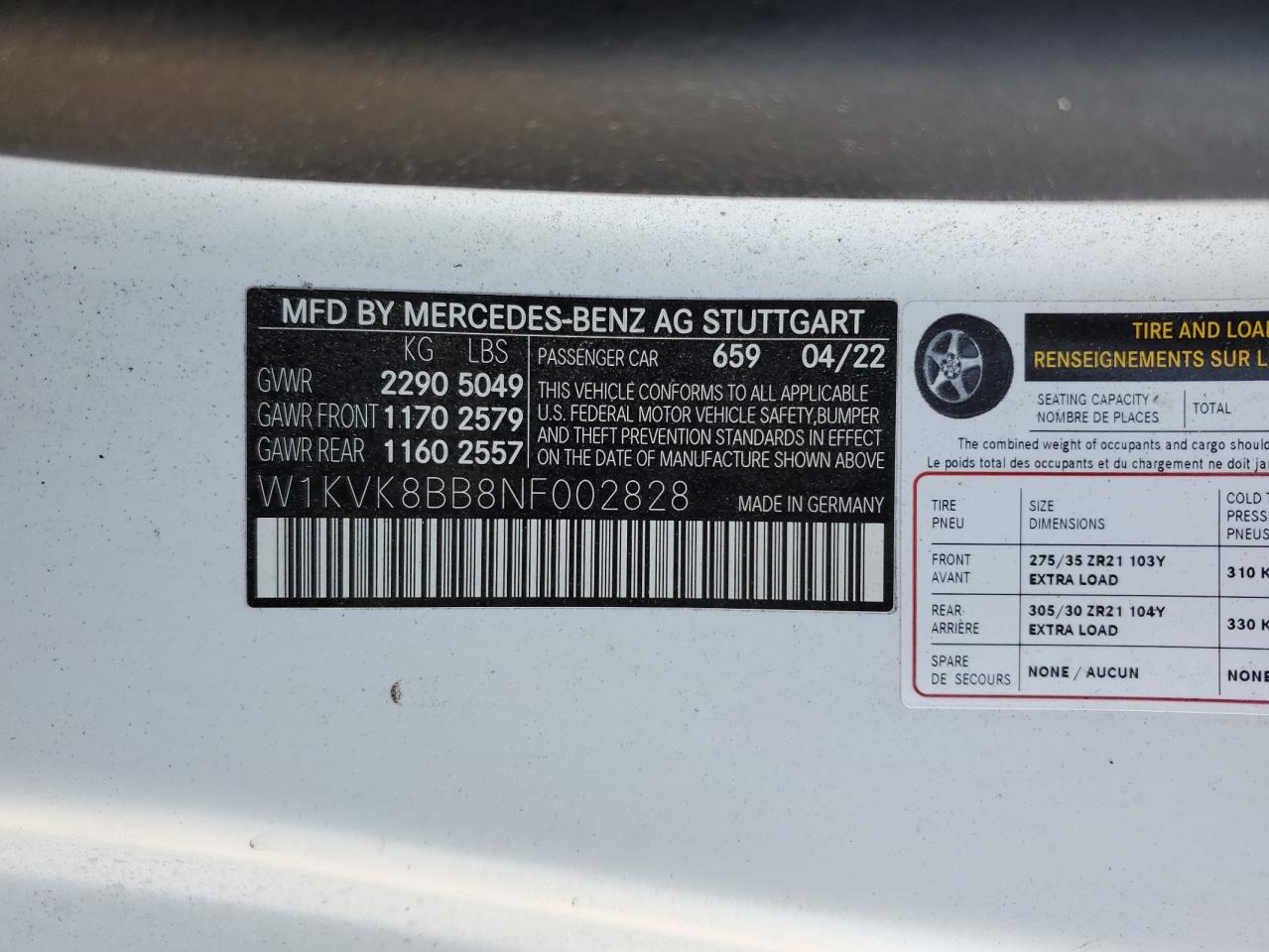 2022 MERCEDES-BENZ SL 63 AMG VIN:W1KVK8BB8NF002828