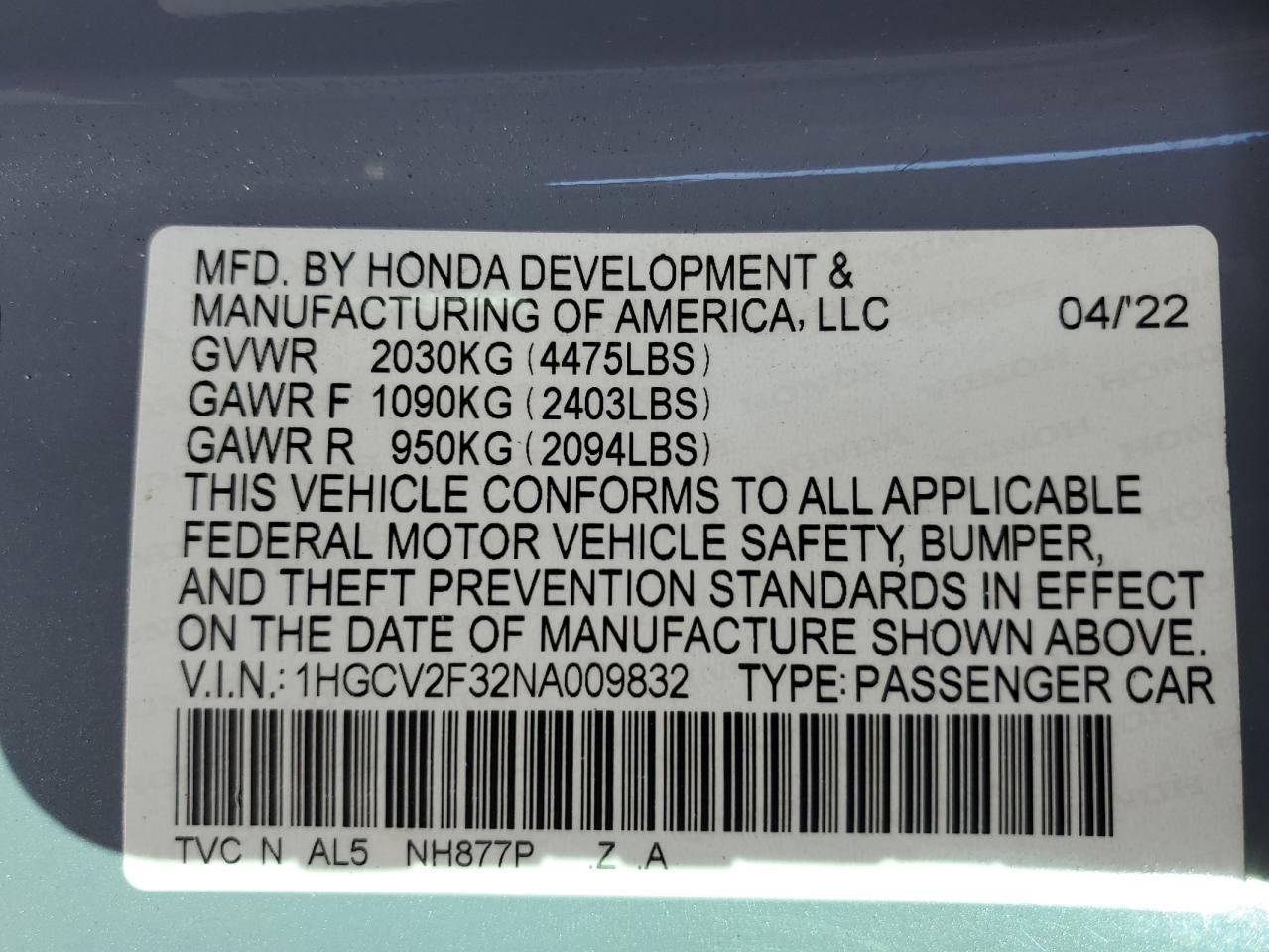 2022 HONDA ACCORD SPORT VIN:1HGCV2F32NA009832