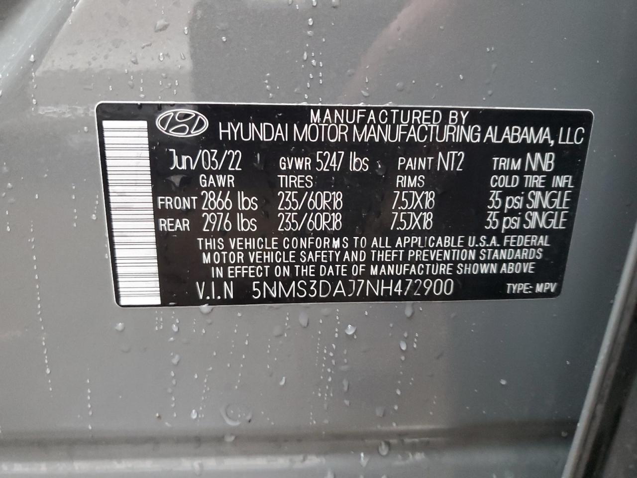 2022 HYUNDAI SANTA FE SEL VIN:5NMS3DAJ7NH472900