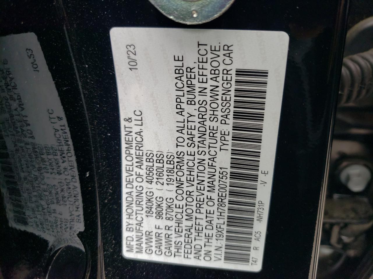 2024 HONDA CIVIC EXL VIN:19XFL1H78RE007551