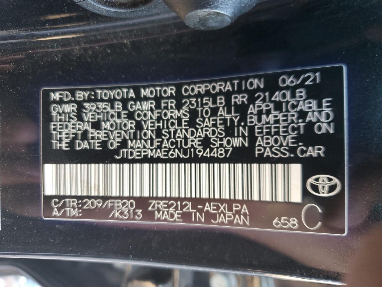 2022 TOYOTA COROLLA LE VIN:JTDEPMAE6NJ194487