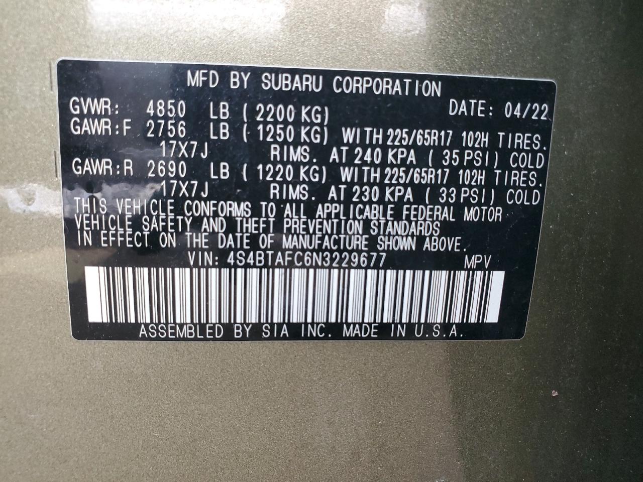 2022 SUBARU OUTBACK PREMIUM VIN:4S4BTAFC6N3229677