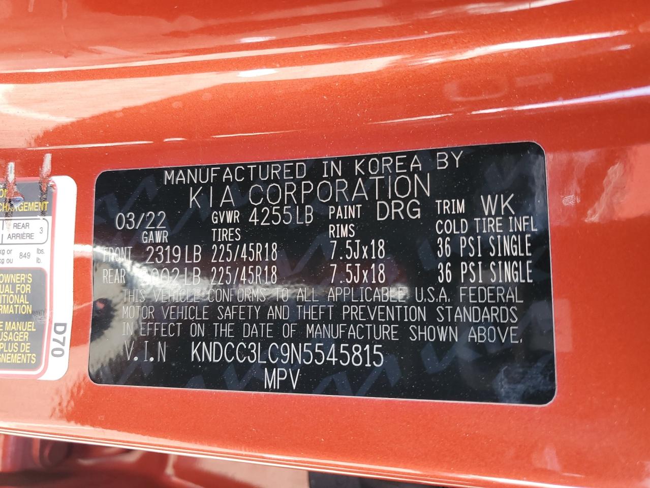 2022 KIA NIRO TOURING SPECIAL EDITION VIN:KNDCC3LC9N5545815