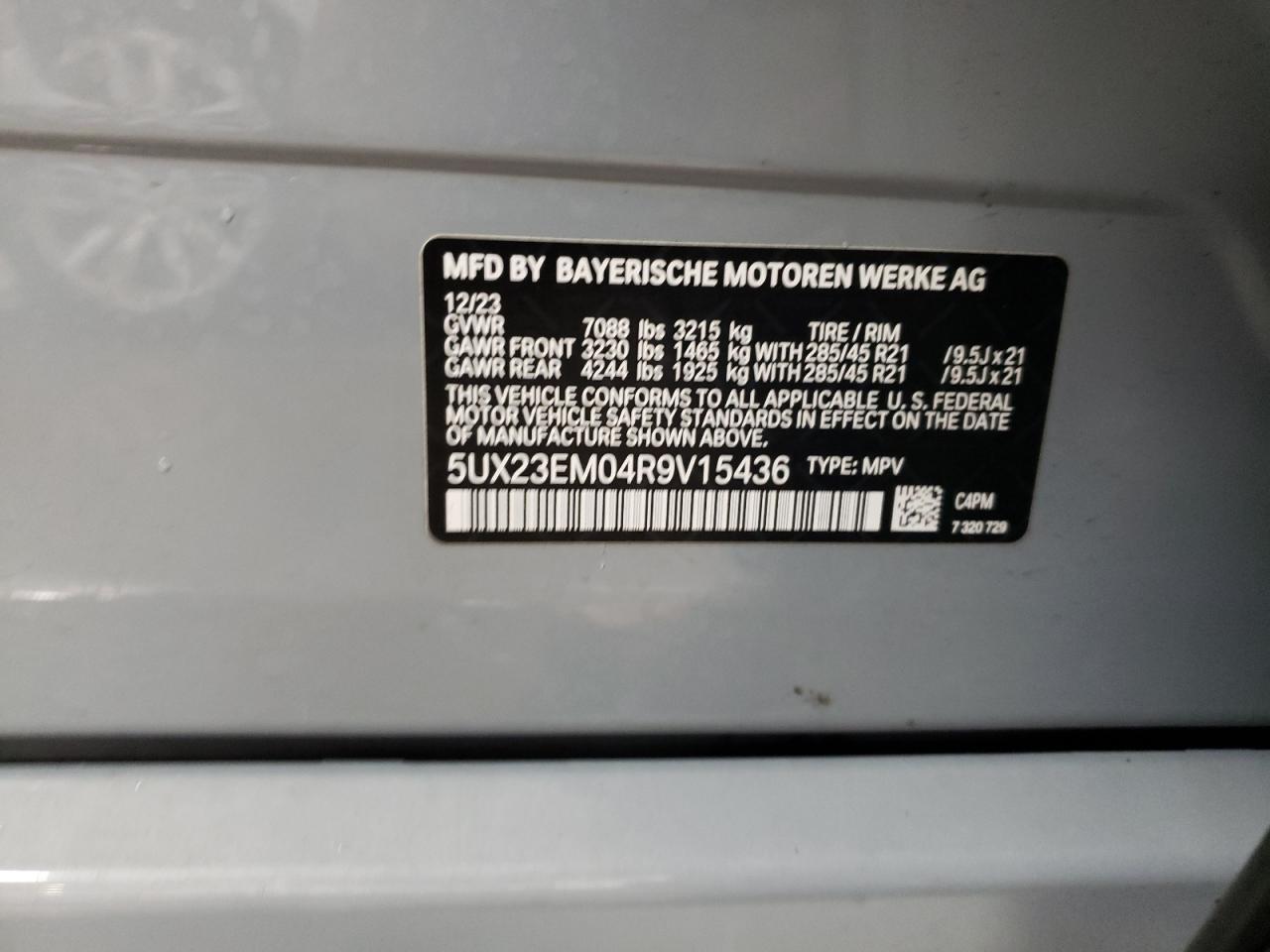 2024 BMW X7 XDRIVE40I VIN:5UX23EM04R9V15436