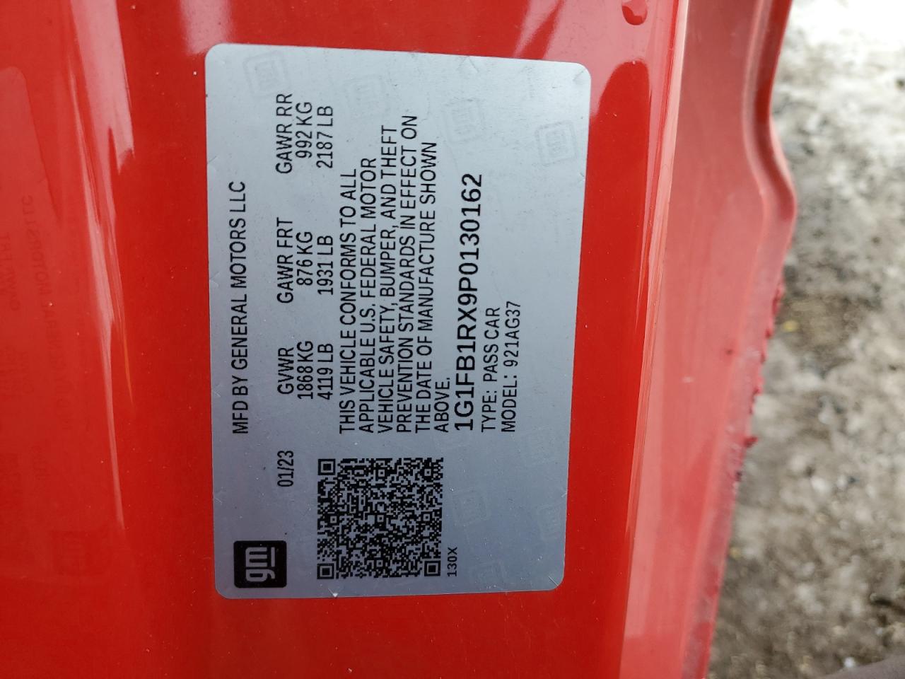 2023 CHEVROLET CAMARO LS VIN:1G1FB1RX9P0130162