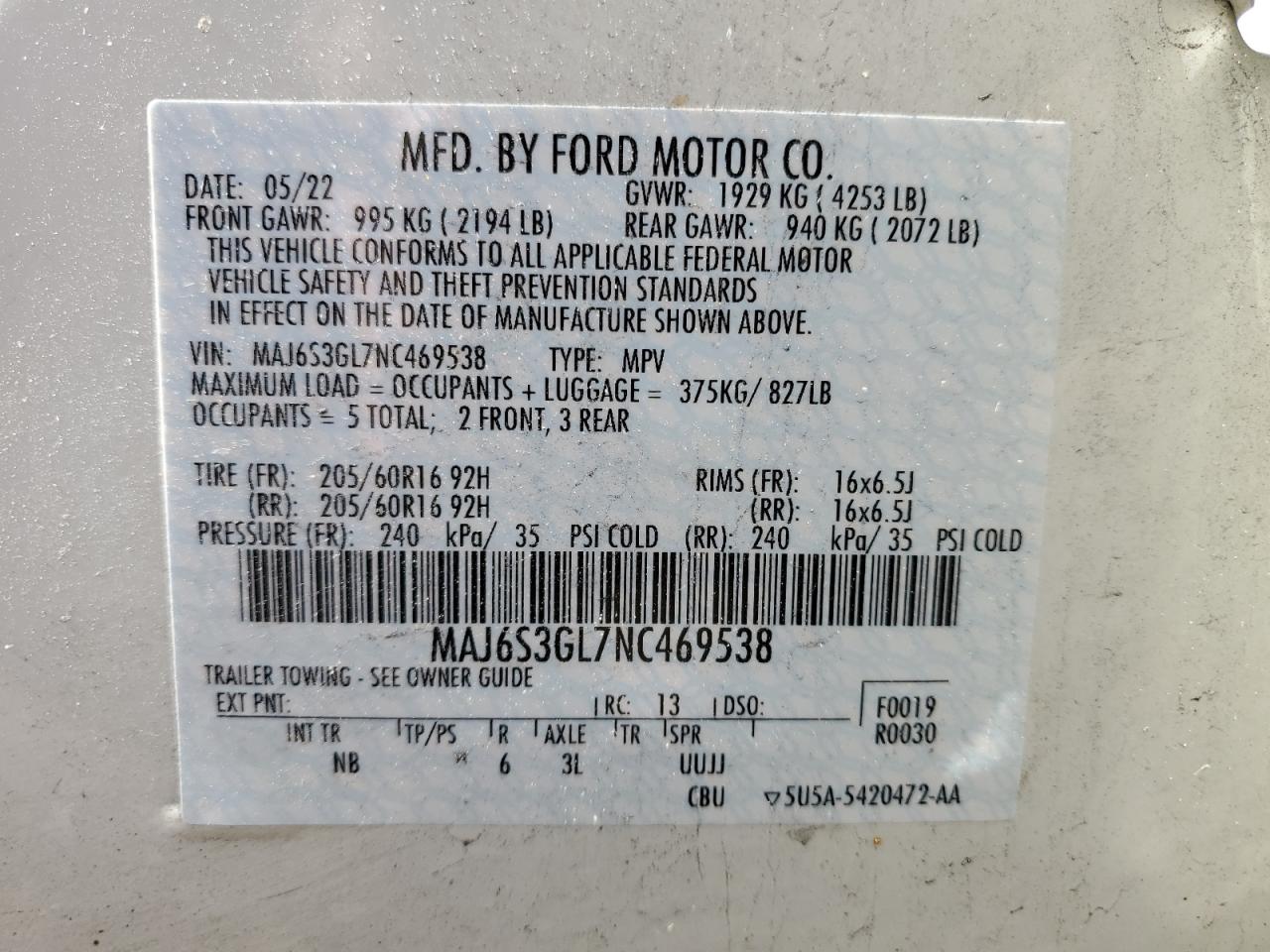 2022 FORD ECOSPORT SE VIN:MAJ6S3GL7NC469538