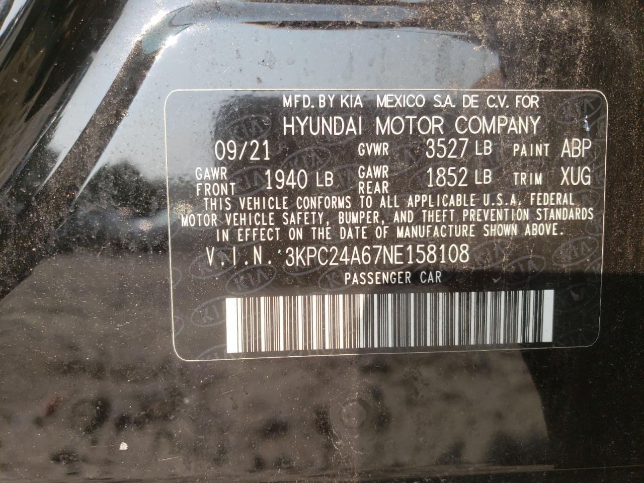 2022 HYUNDAI ACCENT SE VIN:3KPC24A67NE158108