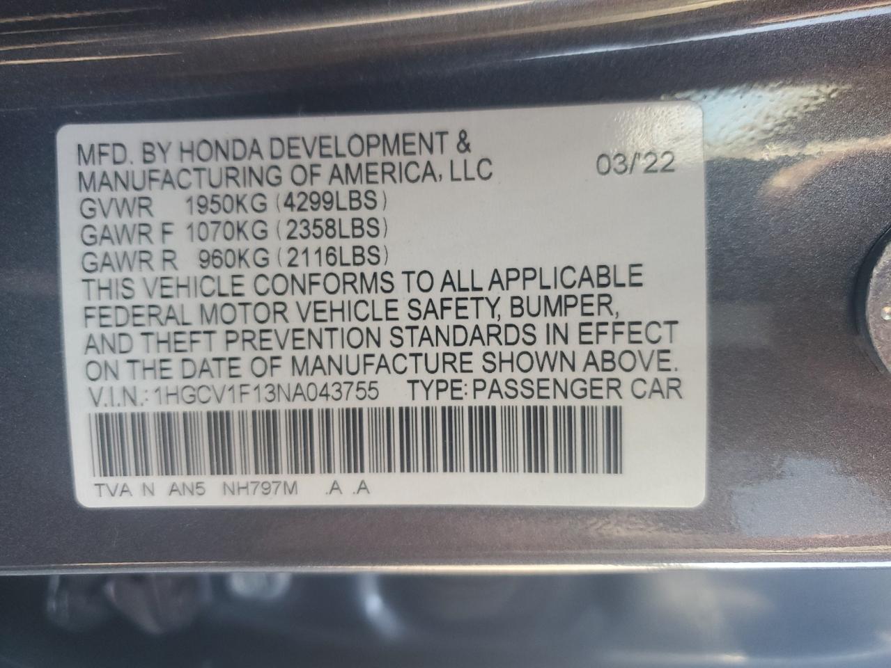 2022 HONDA ACCORD LX VIN:1HGCV1F13NA043755