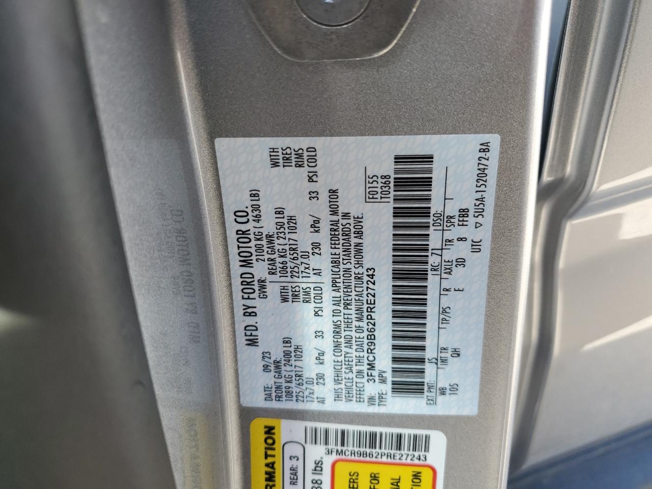 2023 FORD BRONCO SPORT BIG BEND VIN:3FMCR9B62PRE27243
