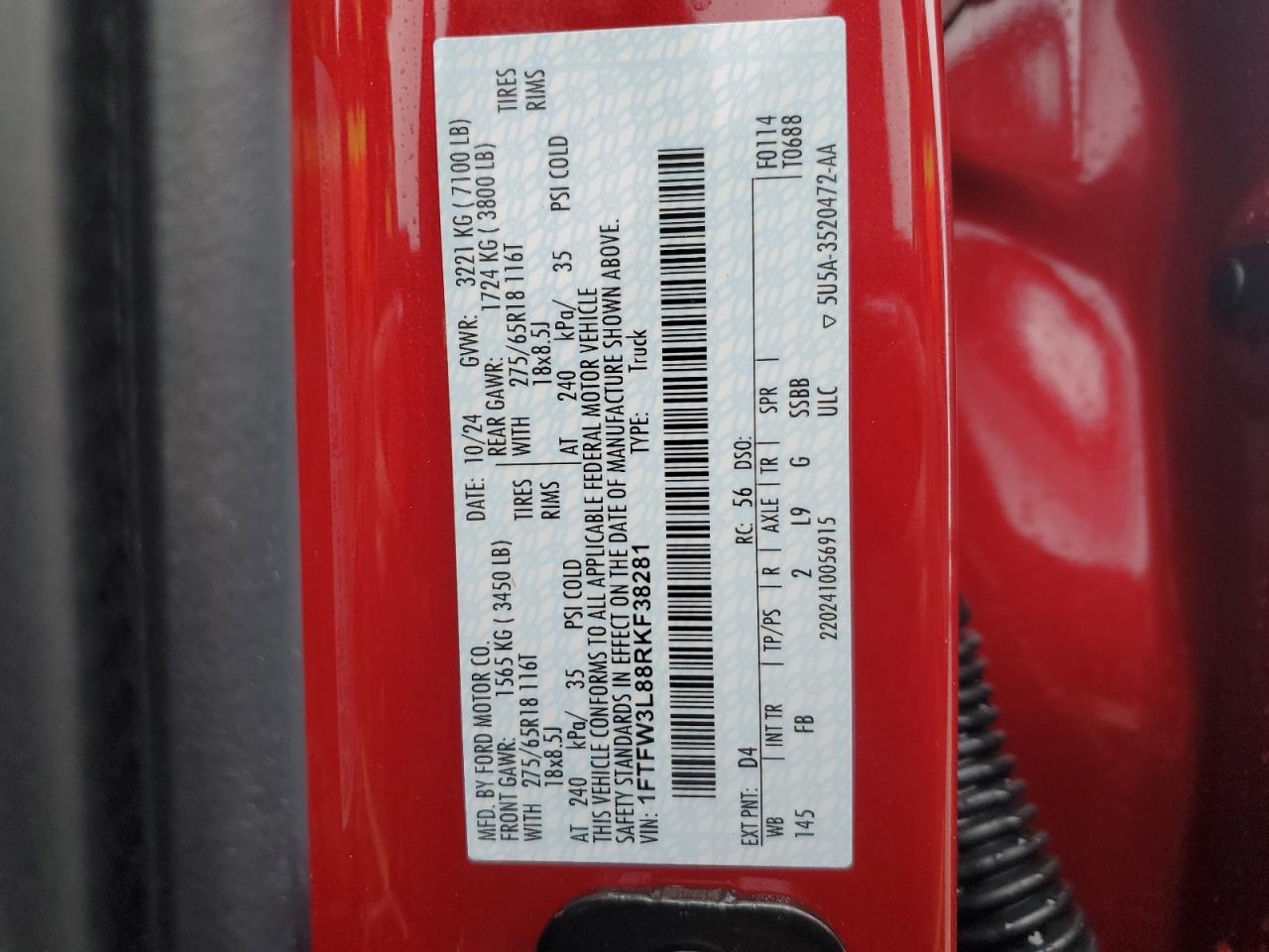 2024 FORD F150 XLT VIN:1FTFW3L88RKF38281