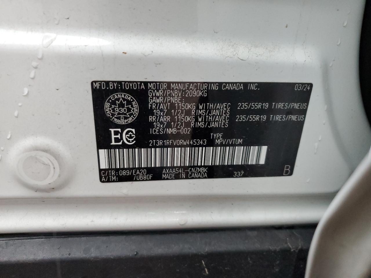 2024 TOYOTA RAV4 XLE VIN:2T3R1RFV0RW445343