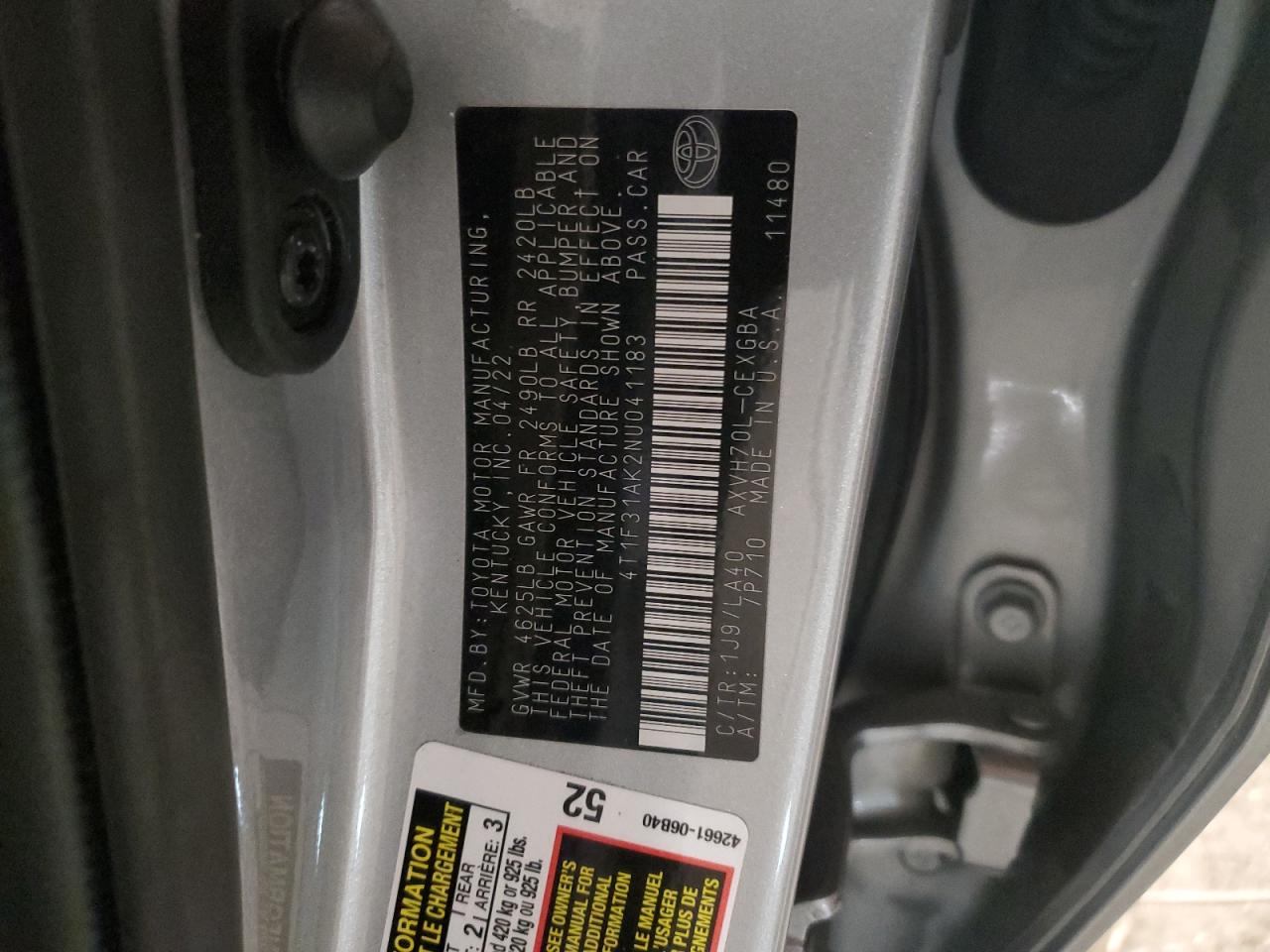 2022 TOYOTA CAMRY XLE VIN:4T1F31AK2NU041183
