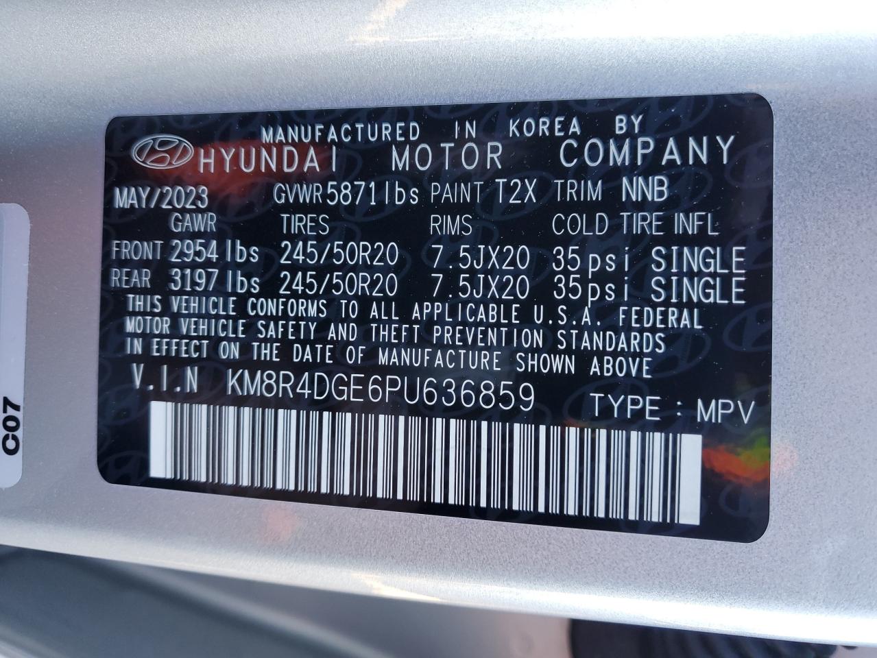 2023 HYUNDAI PALISADE SEL PREMIUM VIN:KM8R4DGE6PU636859