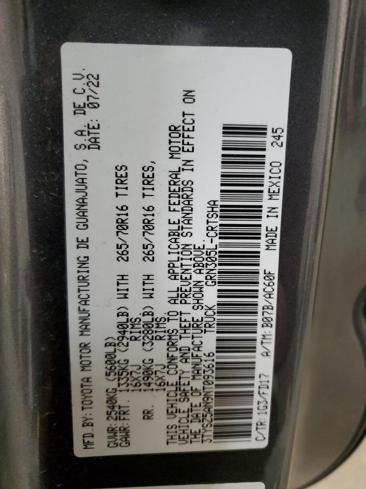 2022 TOYOTA TACOMA ACCESS CAB VIN:3TYSZ5AN9NT093616