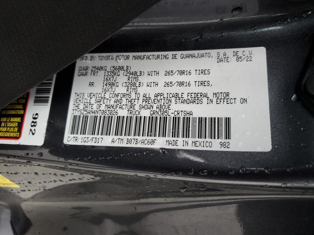 2022 TOYOTA TACOMA ACCESS CAB VIN:3TYSZ5AN4NT083026