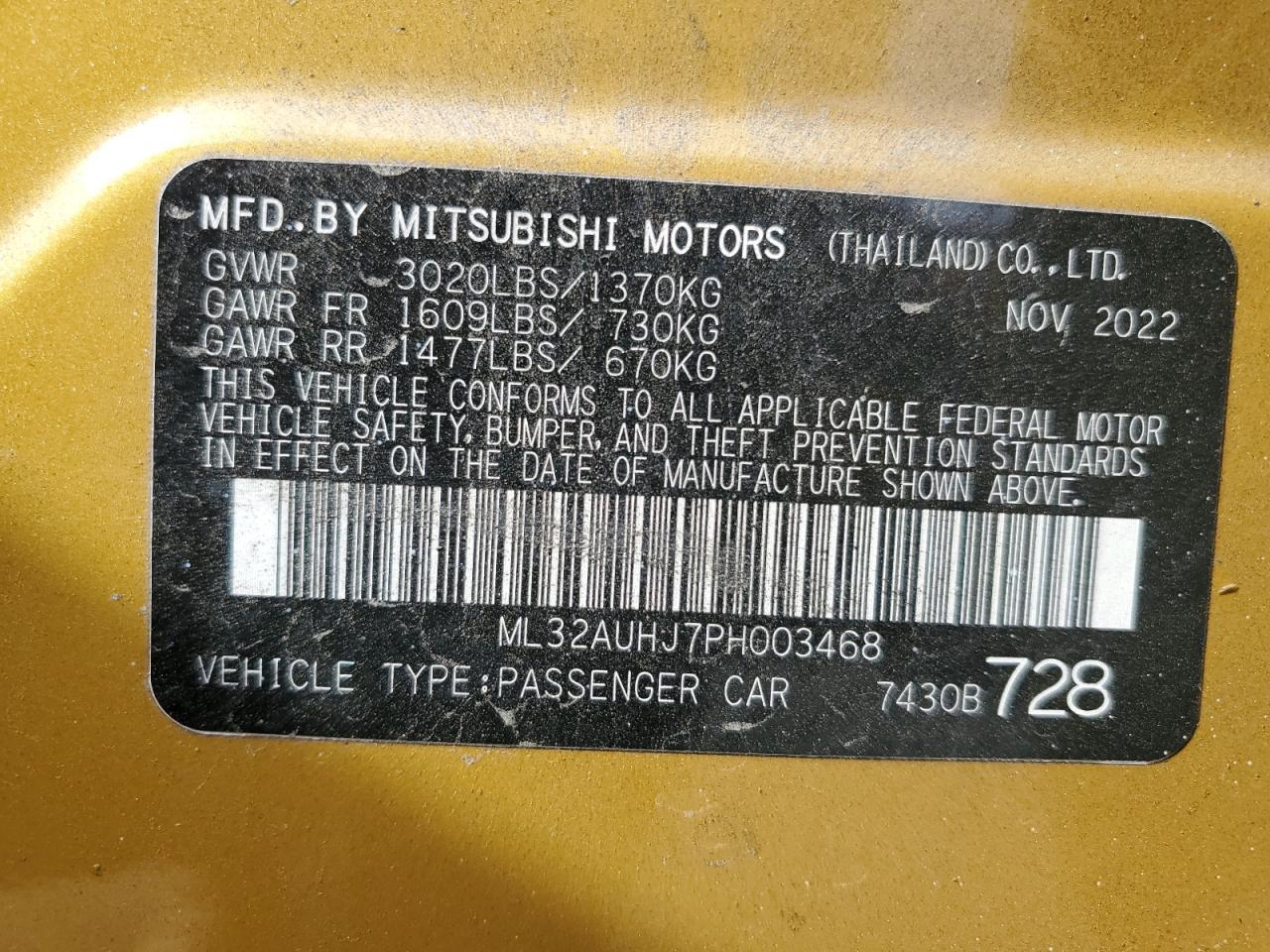 2023 MITSUBISHI MIRAGE ES VIN:ML32AUHJ7PH003468