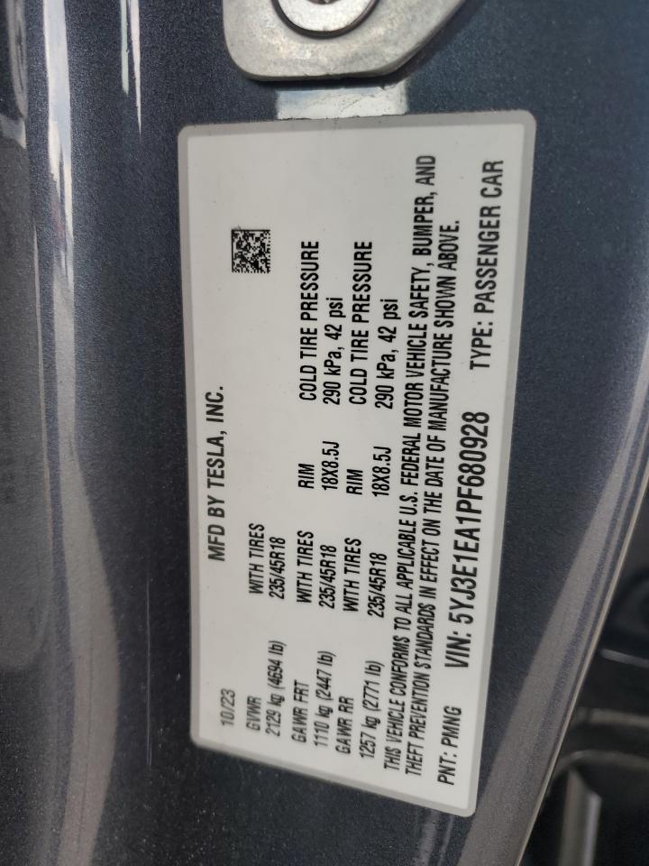 2023 TESLA MODEL 3  VIN:5YJ3E1EA1PF680928