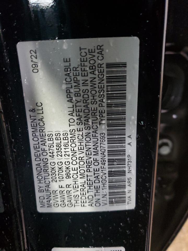 2022 HONDA ACCORD SPORT SE VIN:1HGCV1F49NA077693