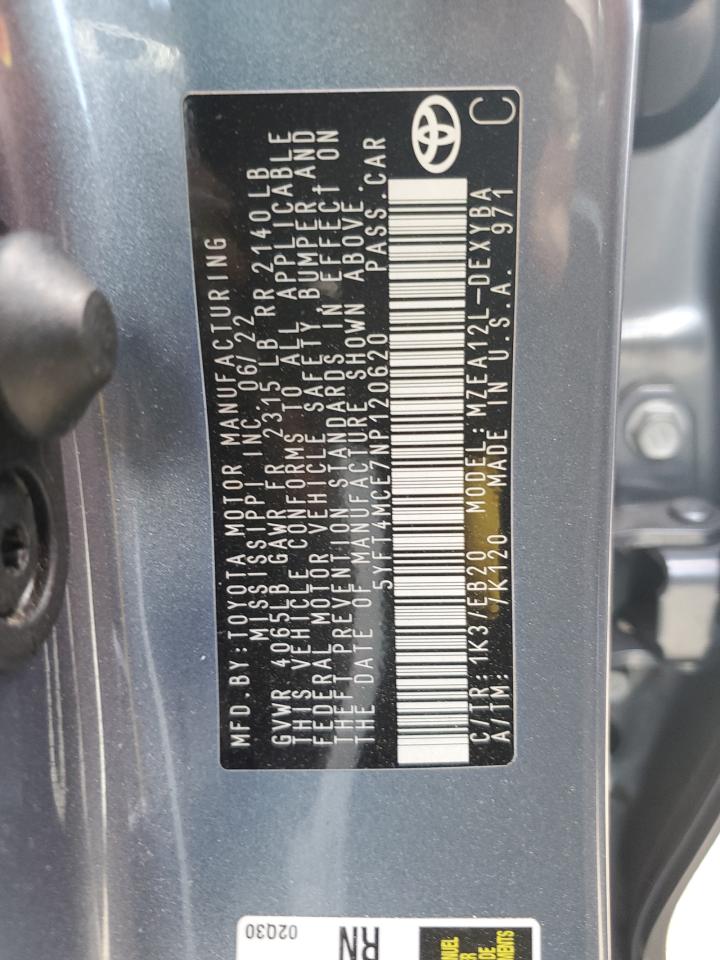 2022 TOYOTA COROLLA XSE VIN:5YFT4MCE7NP120620