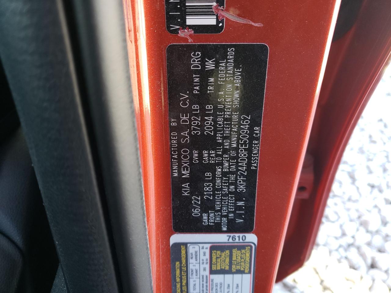 2023 KIA FORTE LX VIN:3KPF24AD8PE509462