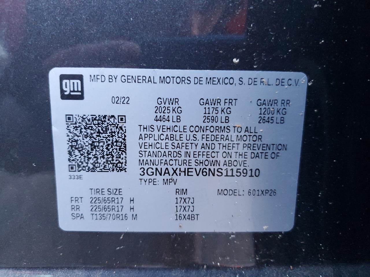 2022 CHEVROLET EQUINOX LS VIN:3GNAXHEV6NS115910