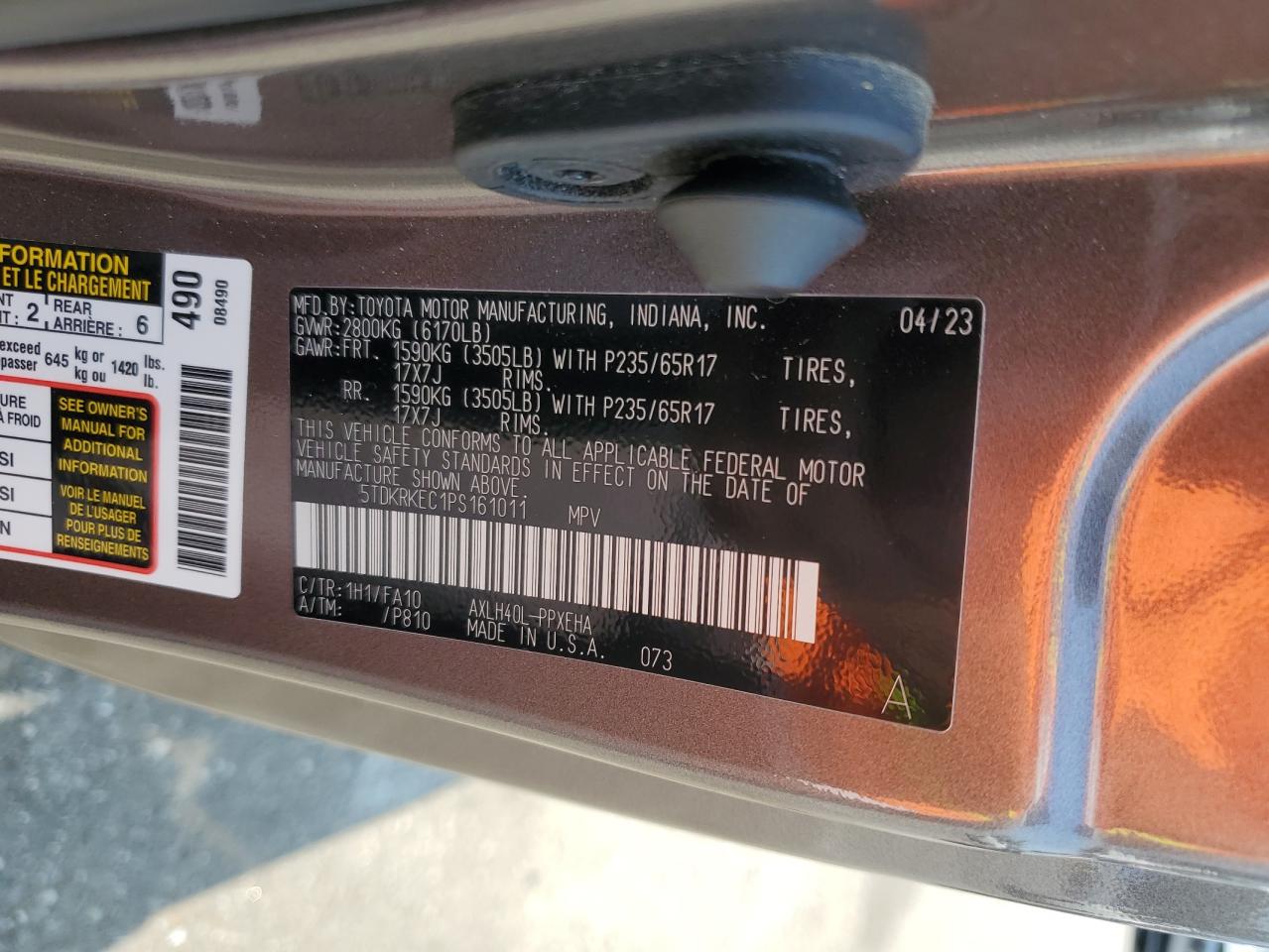 2023 TOYOTA SIENNA LE VIN:5TDKRKEC1PS161011