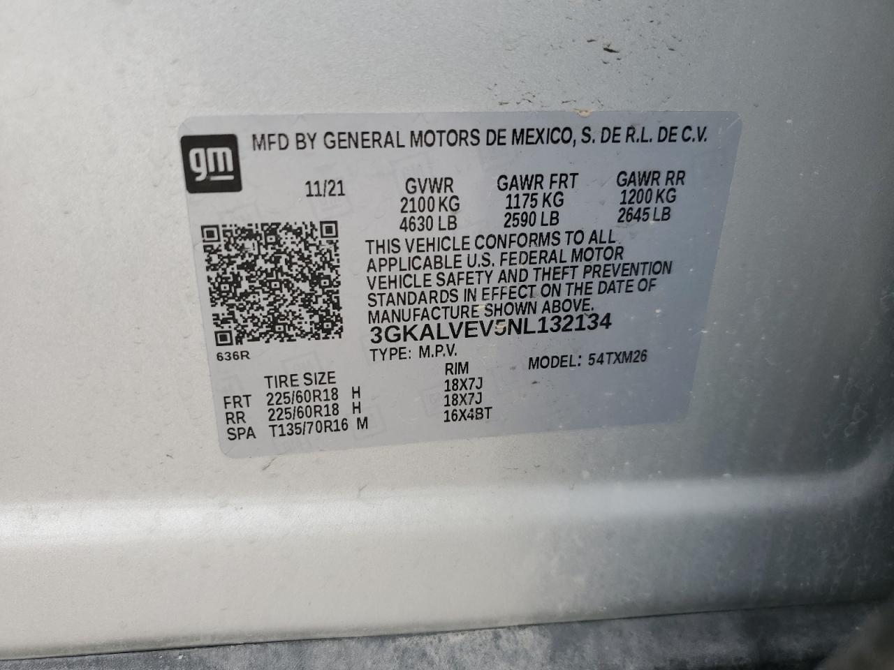 2022 GMC TERRAIN SLT VIN:3GKALVEV5NL132134