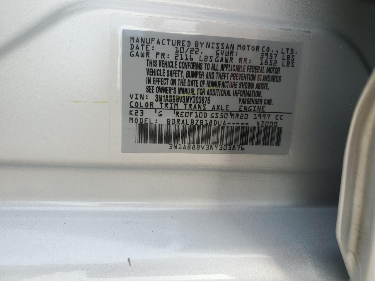 2022 NISSAN SENTRA S VIN:3N1AB8BV3NY303876