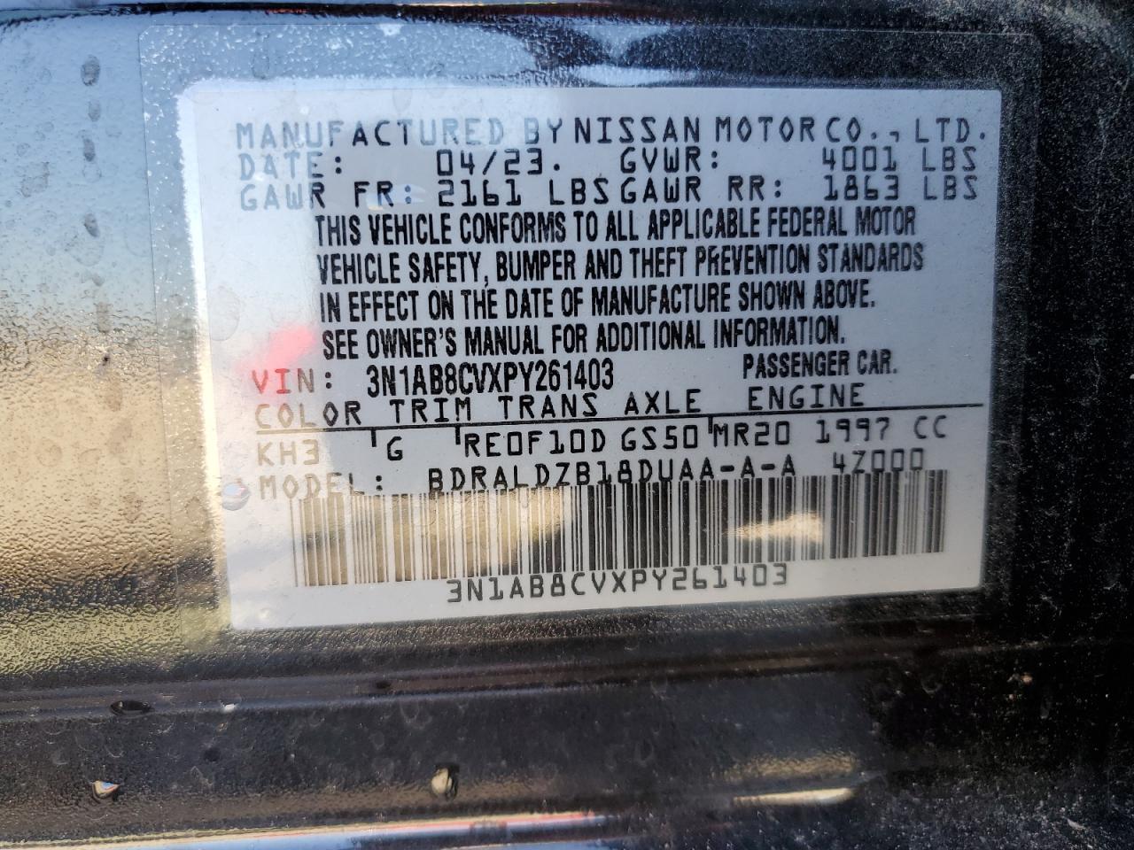 2023 NISSAN SENTRA SV VIN:3N1AB8CVXPY261403