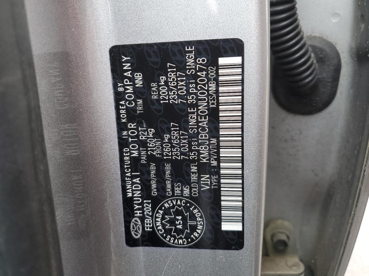 2022 HYUNDAI TUCSON SEL VIN:KM8JBCAE0NU020478