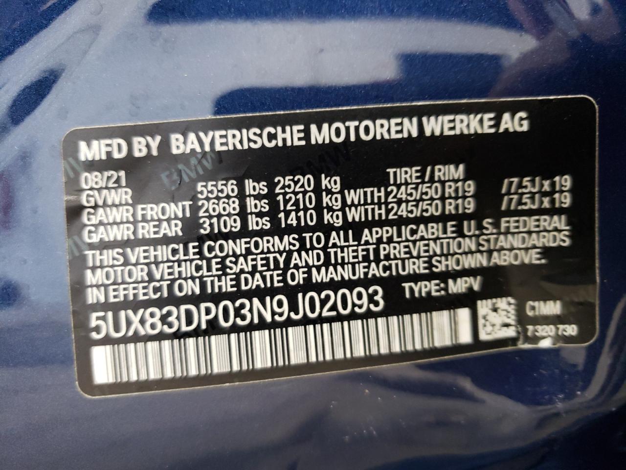 2022 BMW X3 M40I VIN:5UX83DP03N9J02093