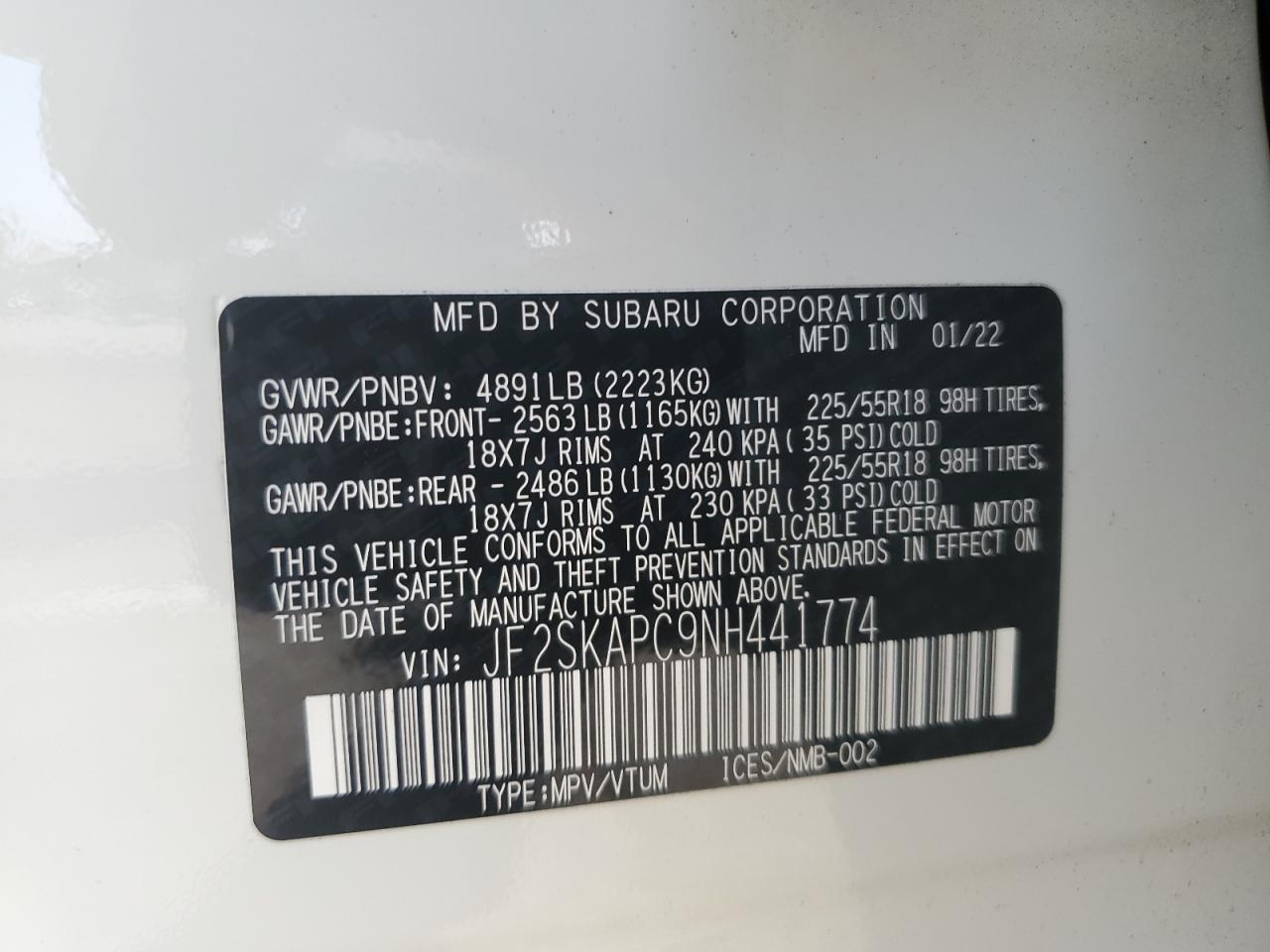 2022 SUBARU FORESTER LIMITED VIN:JF2SKAPC9NH441774