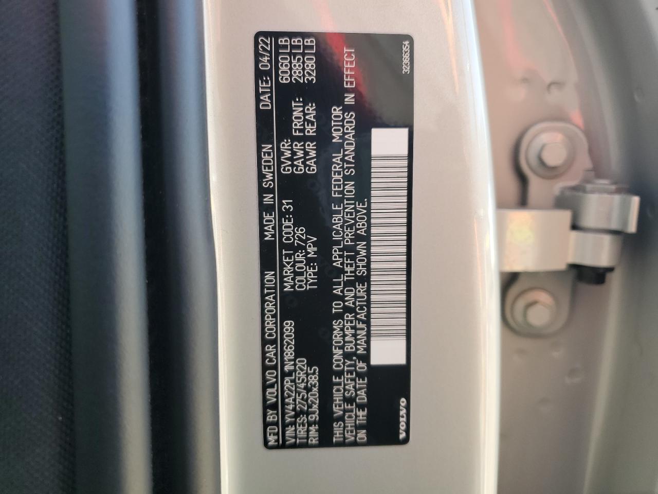 2022 VOLVO XC90 T6 INSCRIPTION VIN:YV4A22PL1N1862099