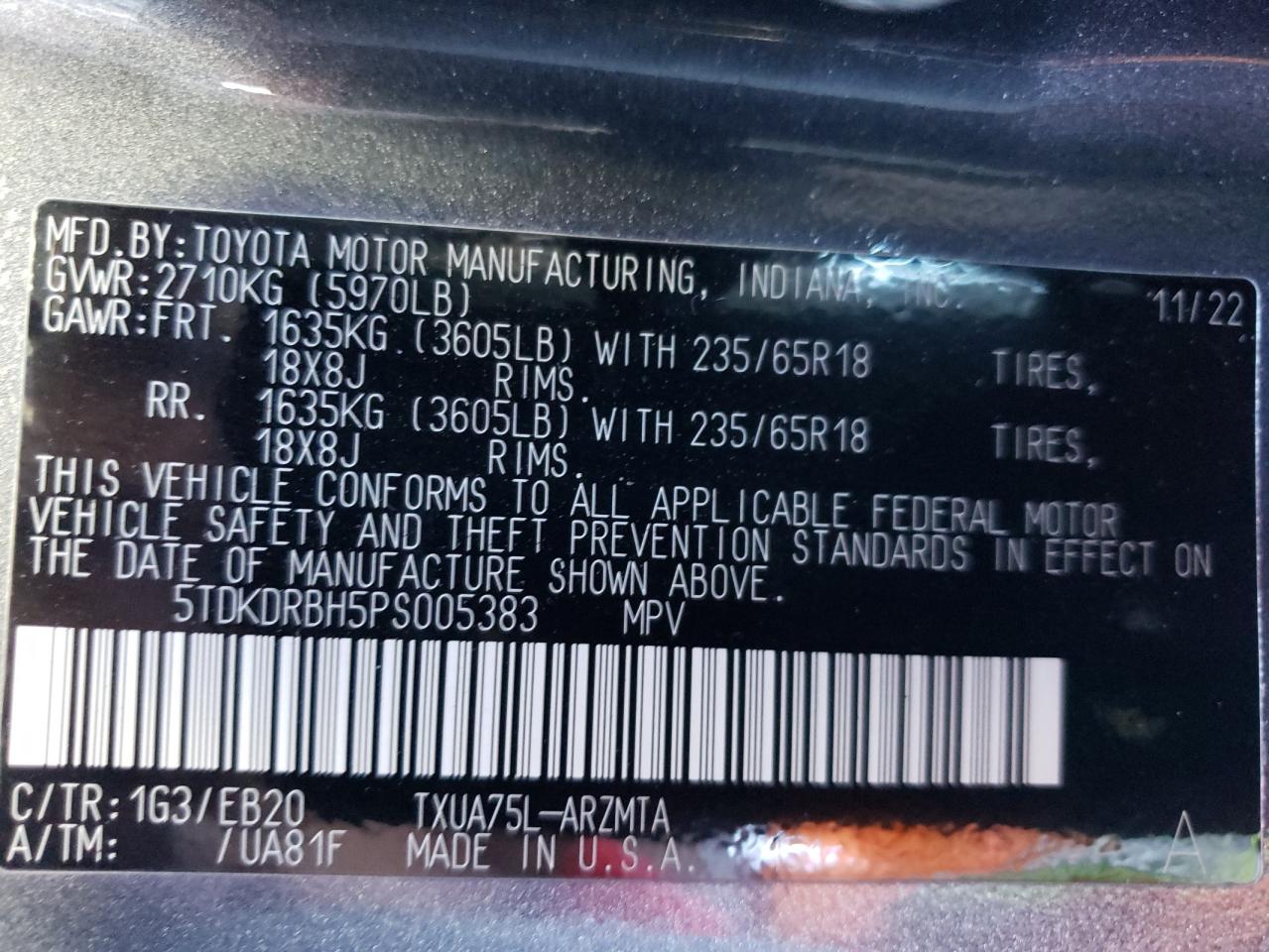 2023 TOYOTA HIGHLANDER L VIN:5TDKDRBH5PS005383