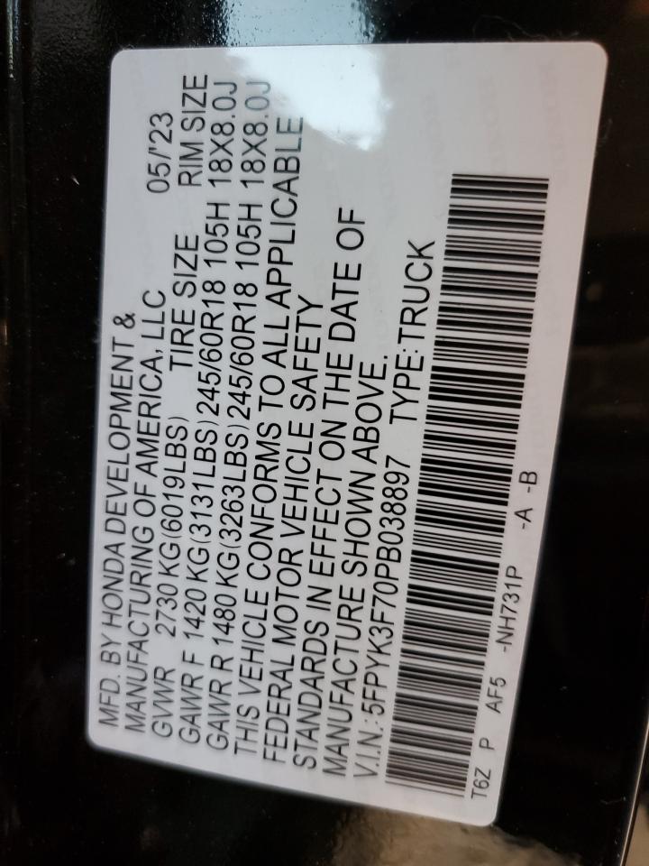 2023 HONDA RIDGELINE RTL-E VIN:5FPYK3F70PB038897