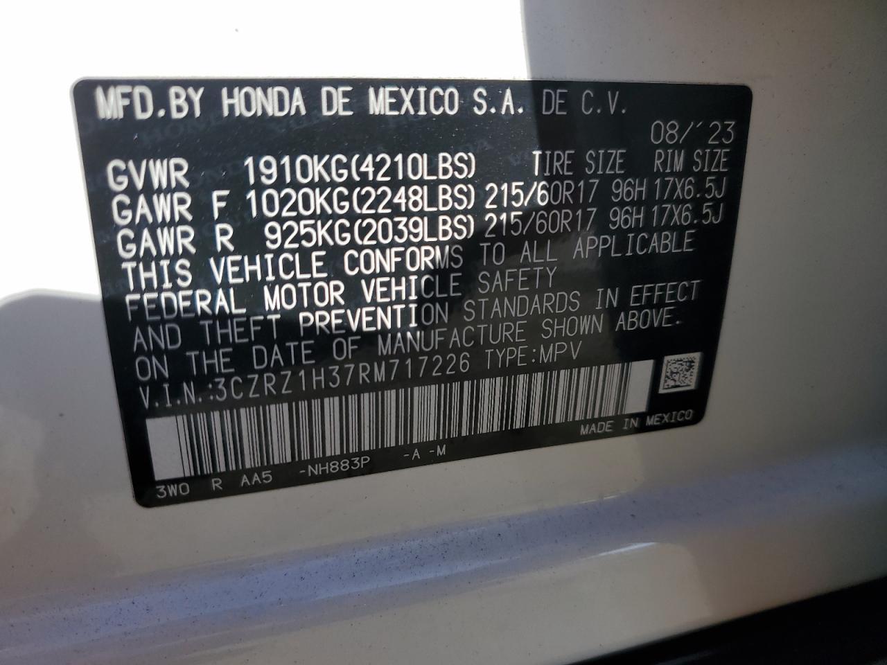 2024 HONDA HR-V LX VIN:3CZRZ1H37RM717226