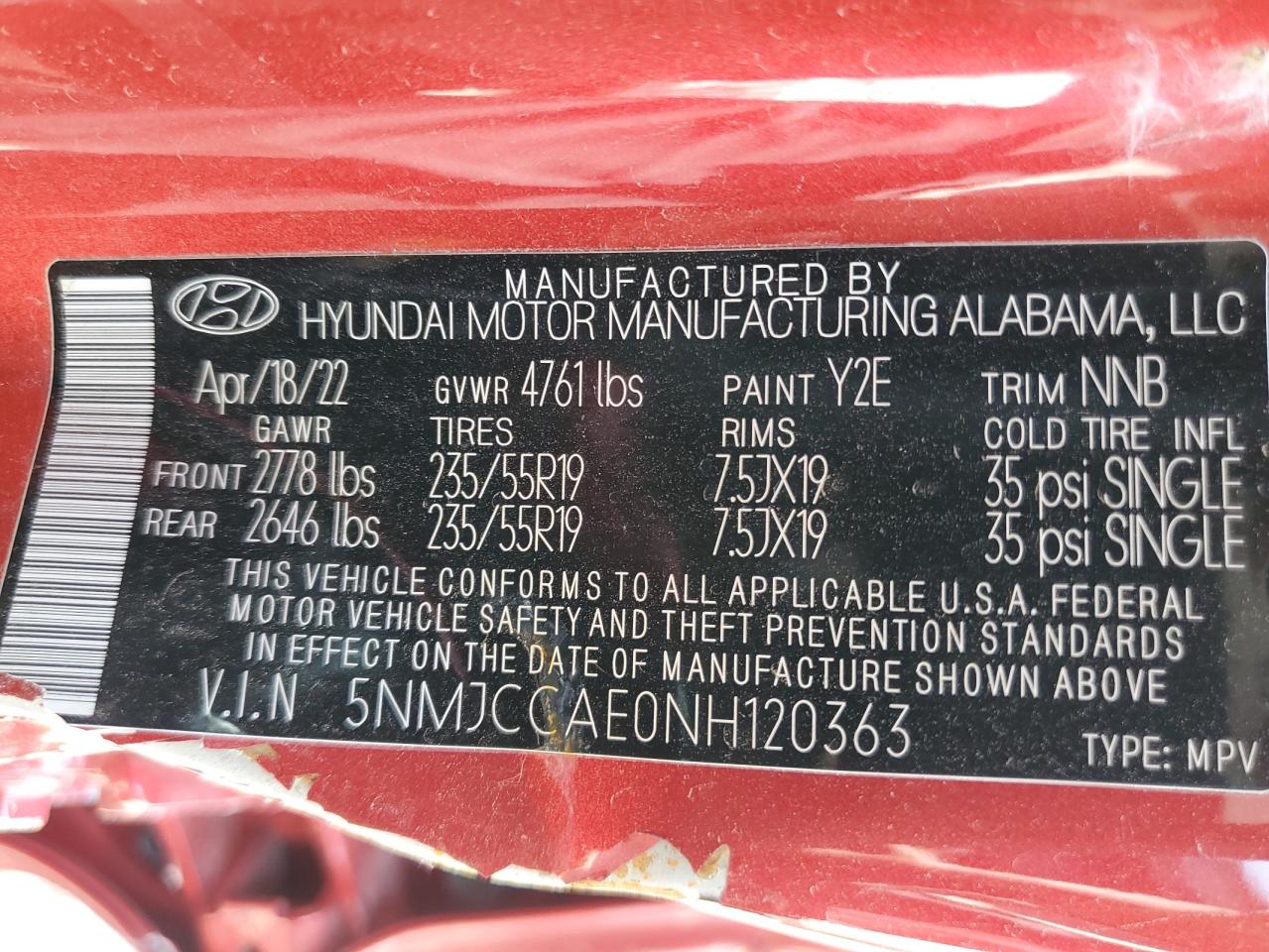 2022 HYUNDAI TUCSON SEL VIN:5NMJCCAE0NH120363