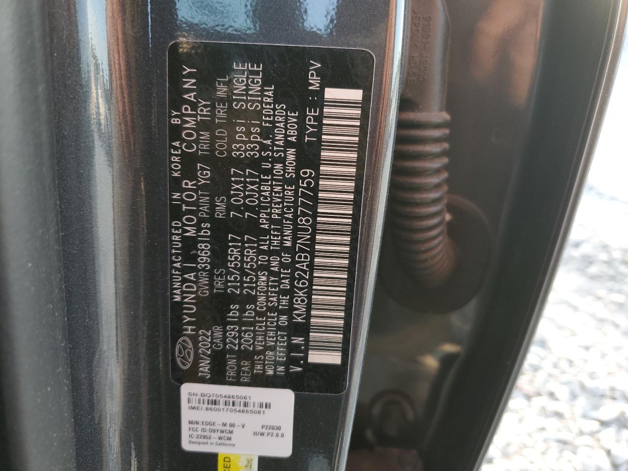 2022 HYUNDAI KONA SEL VIN:KM8K62AB7NU877759