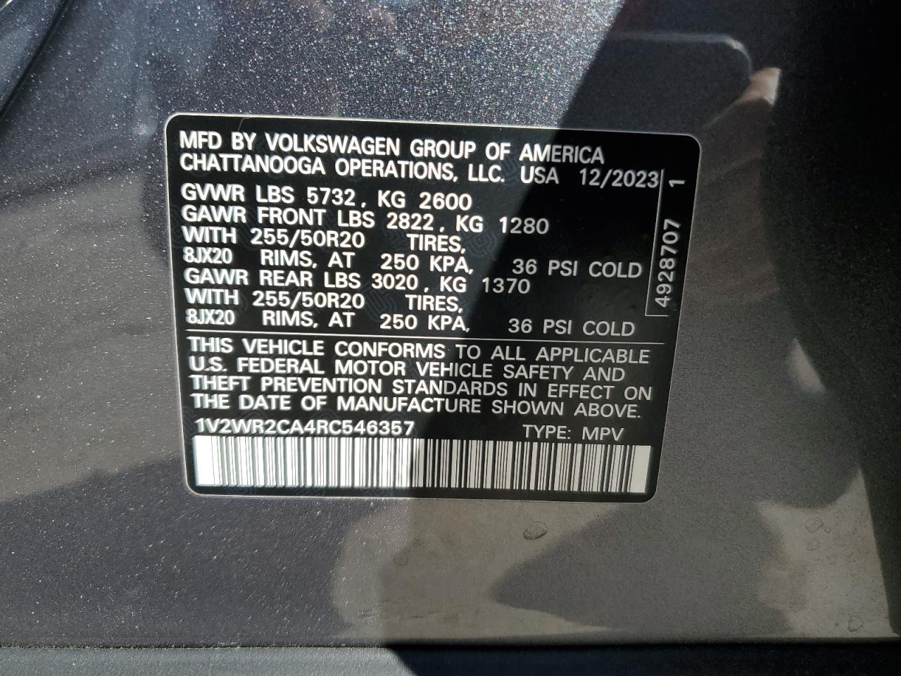 2024 VOLKSWAGEN ATLAS SE VIN:1V2WR2CA4RC546357