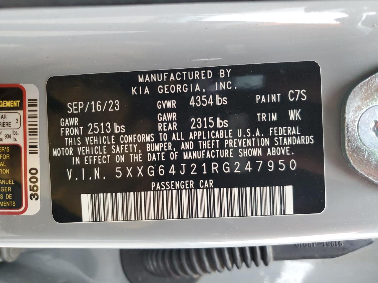 2024 KIA K5 GT LINE VIN:5XXG64J21RG247950