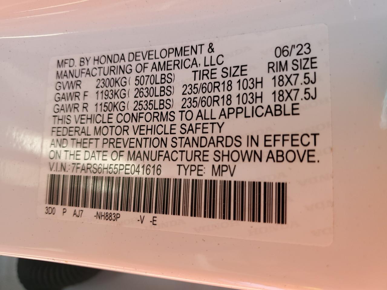 2023 HONDA CR-V SPORT VIN:7FARS6H55PE041616